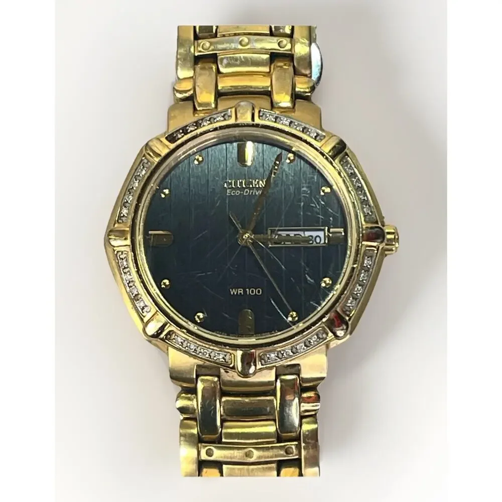 Citizen Eco-Drive Diamond Bezel Gold Tone Day Date Spanish WR100 Watch Works